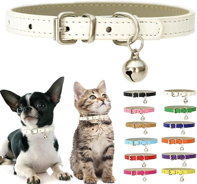 White XS Dog Collar with Bell, Soft Pu Leather Cat Collars Adjustable Buckle for XXS Extra Small Medium Tiny Female Male Boys Girls Pets Puppy Kitten Teacup Yorkie X-Small