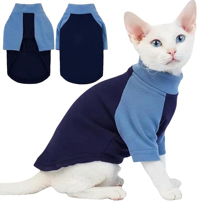 T'CHAQUE Cat Pajamas - Soft Cat Clothes& Shirts & Pajamas with Sleeves, Stretchy Sweater, Pullover Kitten Clothes, Blue, X-Small