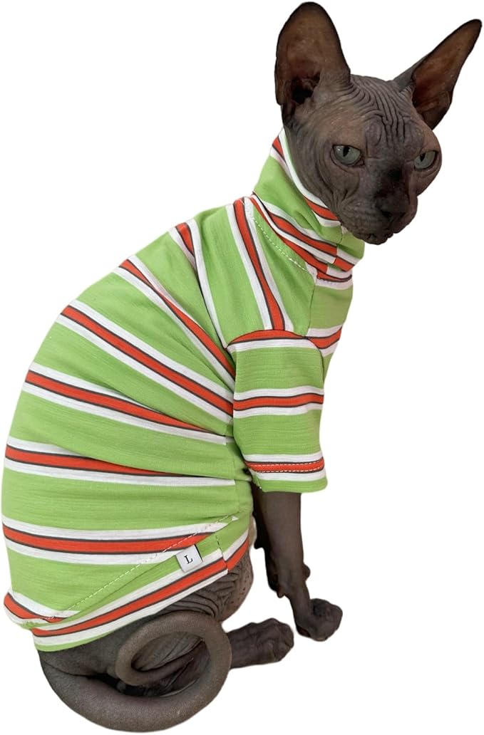 Vintage Stripes Sphynx Hairless Cats Shirt Cotton Cat Turtleneck Pet Clothes Kitten T-Shirts with Sleeves for Sphynx Cornish Rex, Devon Rex, Peterbald (Orange & Green, Small (Pack of 1))