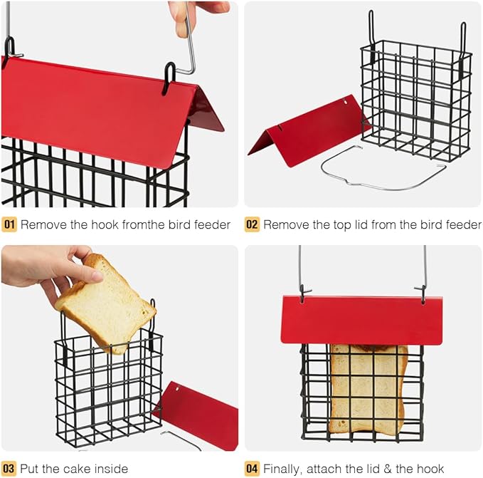 Veehoo 2Pcs Suet Bird Feeder for Outside Hanging with Metal Roof-Suet Cakes Cage Bird Feeder for Outdoors Hanging, Outdoor Garden Wild Bird Feeder Suet Holder, Woodpecker Feeder, Red
