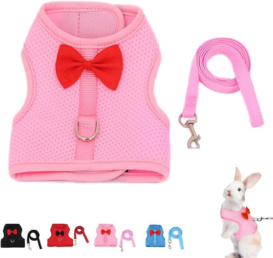 Bunny Harness and Leash Set for Walking Escape Proof,Mesh Breathable Adjustable Rabbit Leash Camping Hiking Training for Bunny Ferret Kitten Puppy Pink M (Chest:9.4-11.8")