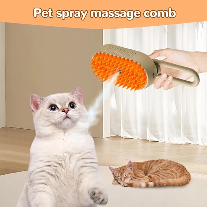 2025 New Cat Steam Brush, 3 in 1 Pet Steam Groomer Comb, Rechargeable Pet Steam Groomer Brush for Massaging and Cleaning Shedding Pets Hair, Anti-Static Hair Removal Comb for Cats Dogs (Khaki+White)