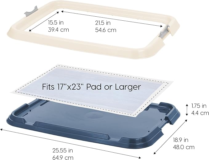IRIS USA Pee Pad Holder - For Small Sized Dog and Puppy Pee Pads, Secured Latches, Non-Skid Feet, High Polish Finish for Easy Cleaning, Leak Protection, Fits 17"x23" Pad, Navy