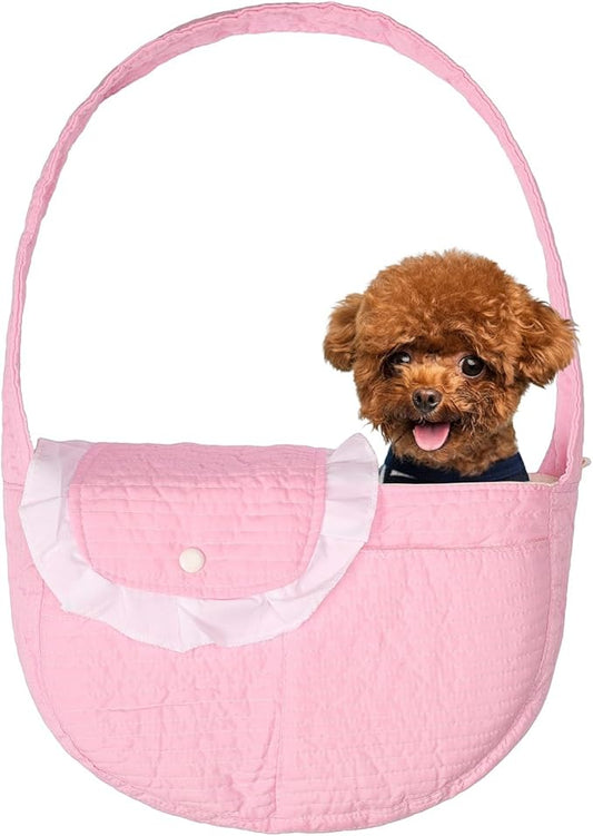 Pet Sling Carrier for Small Dogs ANG cat 3-8lbs, Breathable Cotton Dog or Cats Purse Carrier with Storage Pocket,for mom Gifts Hand Free Travel Chest Cat Sling Light Pink (Pink)
