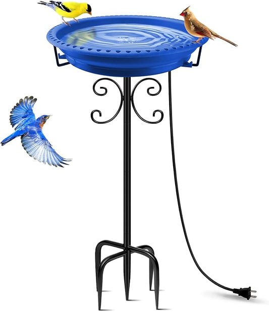 Daoeny Heated Bird Bath for Winter, Upgraded 100W Heated Bird Baths for Outdoors Thermostat Control with 5-Prong Metal Base, Heated Bird Bath for Outside Winter Garden Patio Yard Lawn (Blue)