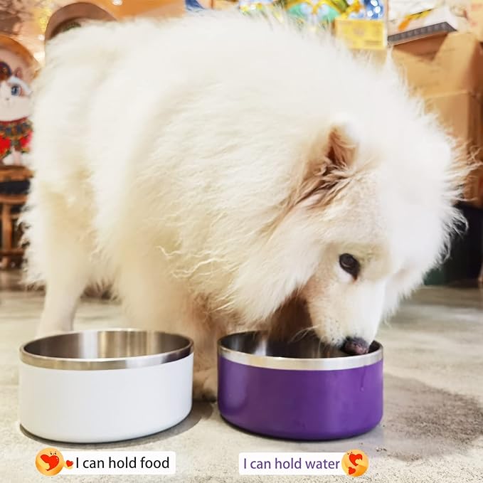 LIHONG Stainless Steel Dog Bowls for Large Dogs,Dog Food Water Bowls with Non Slip Rubber Bottom,Pet Feeding Bowl,Double Wall Insulated,Rustproof(64oz,Purple)
