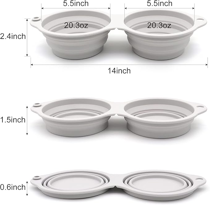 SLSON Collapsible Dog Bowls,Integrated Molding Dog Double Bowl No Plastic Rim 2 in 1 Foldable Pet Food & Water Bowl Cat Feeder Dish for Walking,Hiking,Camping (Cold Grey)