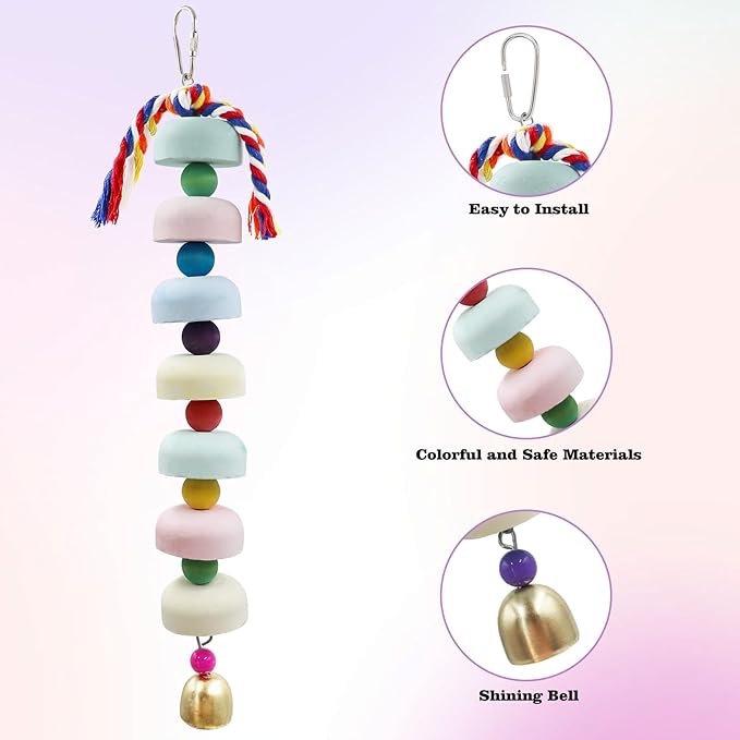 Mineral Chew Toy 2-Pack – Colorful Beaded Bird Toys with Bells | Beak Grinding & Foraging Enrichment for African Grey, Amazon Parrots, Budgies, Cockatiels, Conures