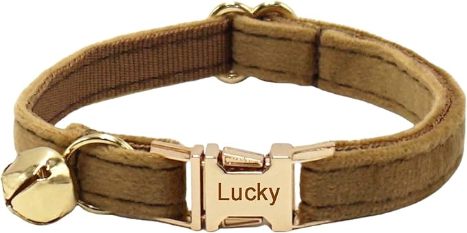 Personalized Cat Collar with Bells,Velvet Customized Small Cat Collar with Name Tag,Pet Collar with Name Phone Number Engraved ID Tags for Boy and Girl Kitten Cats (Camel Color)