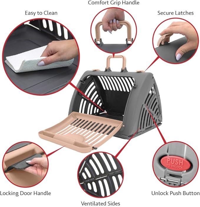 SportPet Designs Foldable Travel Cat Carrier - Front Door Plastic Collapsible Carrier Collection, Waterproof Bed