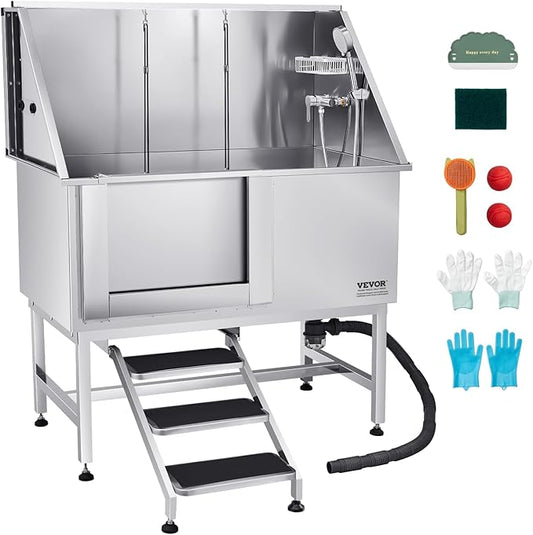 VEVOR Stainless Steel Dog Washing Station, Professional 50 inch Pet Grooming Tub w/Stairs, PE Water Filter Board, Faucet & Showerhead & Soap Holder Bathtub for Large & Medium & Small Pets (Left Door)