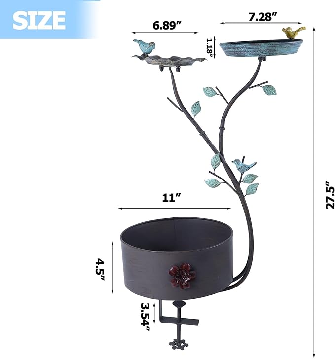Deck Bird Bath, Bird Bath and Bird Feeder, Flower Planting Pedestal, Deck Mounted Bird Bath, for Garden Balcony Patio Deck Railing Decoration