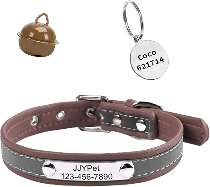 Personalized Reflective Cat Collars with Name Tag and Plated,Engraved Custom Cat Collar with Name and Phone,Kitten Collar with Safety Buckle Adjustable for Cats and Kitten(Brown)