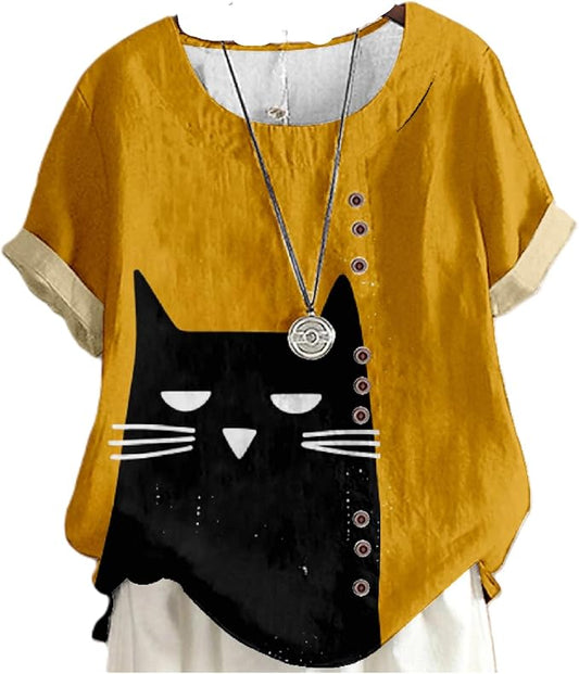 Japanese Print Women Summer Shirts Flower Bird Graphic Plus Size Tunic Tops Crewneck Short Sleeve Blouses