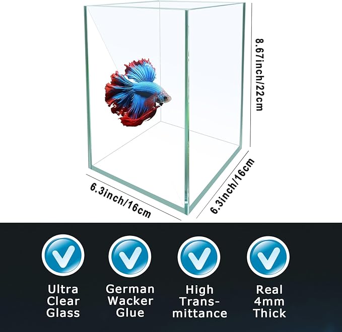 Ultra White Glass Betta Aquarium Starter Kits 1.5 Gallon Small Fish Tank, Betta Fish Tank with LED Light, Power Filter, 4mm Glass