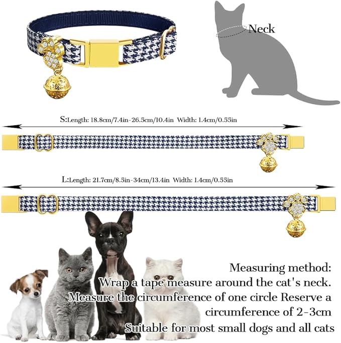 Personalized Breakaway Cat Collars - Magnetic Buckle, Bell - Safety Quick Release, Customized for Girls & Boys Cats- (Houndstooth-Navy)