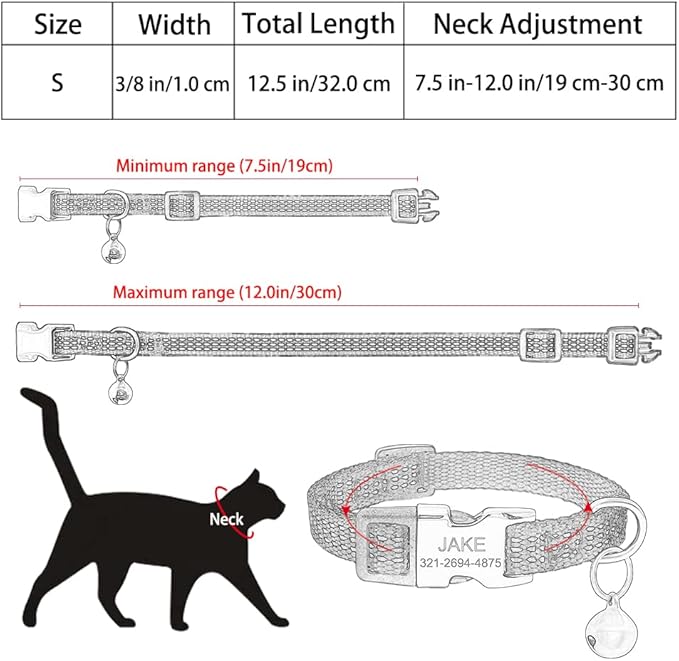 Personalized Reflective Nylon Cat Collar with Name Phone,Custom Engraved Buckle Cat Collar with Bell,Adjustable for Small Dogs Puppy Kitten (Green,fit 7.5''-12.0'')