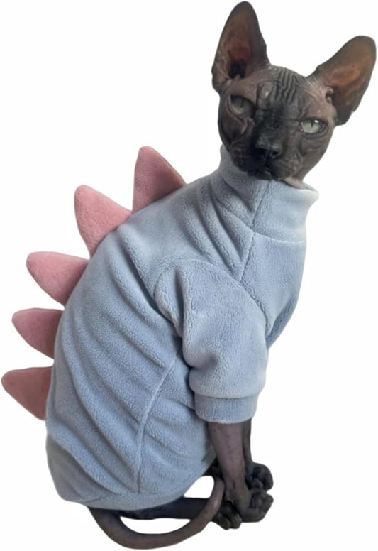Dinosaur Sphynx Cat Clothes, Soft Polar Fleece Sweater for Cat, Elastic Pet Clothes Thick Winter Warm Outfit for Hairless Cat, Devon, Cornish, Small Dogs Apparel with Sleeves (Sky Blue, X-Large)
