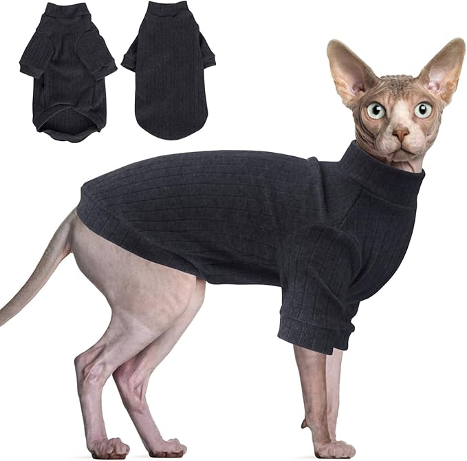 Idepet Sphynx Hairless Cats Sweater Shirt Kitten Soft Puppy Clothes Pullover Cute Cat Pajamas Jumpsuit Cotton Apparel Pet Winter Turtleneck for Cats and Teacup Chihuahua Small Dogs(Black,XS)