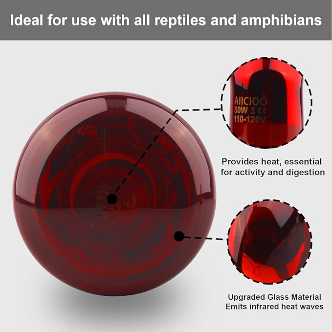 Aiicioo Reptile Red Light Bulb - Reptile Heat Lamp Bulb Infrared Basking Spot Lamp for Bearded Dragon Lizard Turtle Hermit Crab Leopard Gecko Snake Chameleon 50W