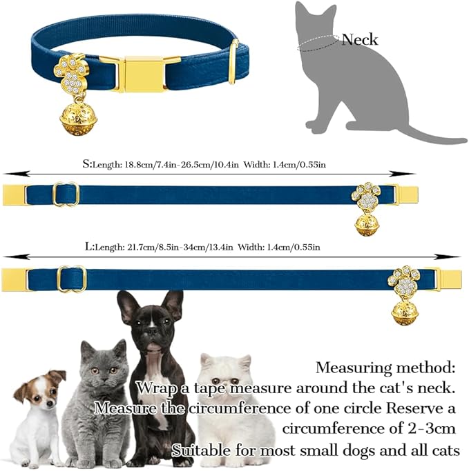 Personalized Breakaway Cat Collars - Magnetic Buckle, Bell - Safety Quick Release, Customized for Girls & Boys Cats- (Velvet-Navy)