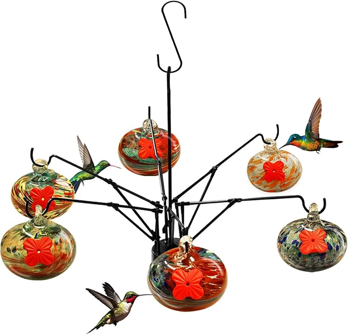 Hummingbirds Feeder for Outdoor Hanging (6 Feedind Balls),Hand Blown Glass Feeder with S Hook,Never Leak,Garden,Backyard,Patio Decor,Humming Birds Gifts
