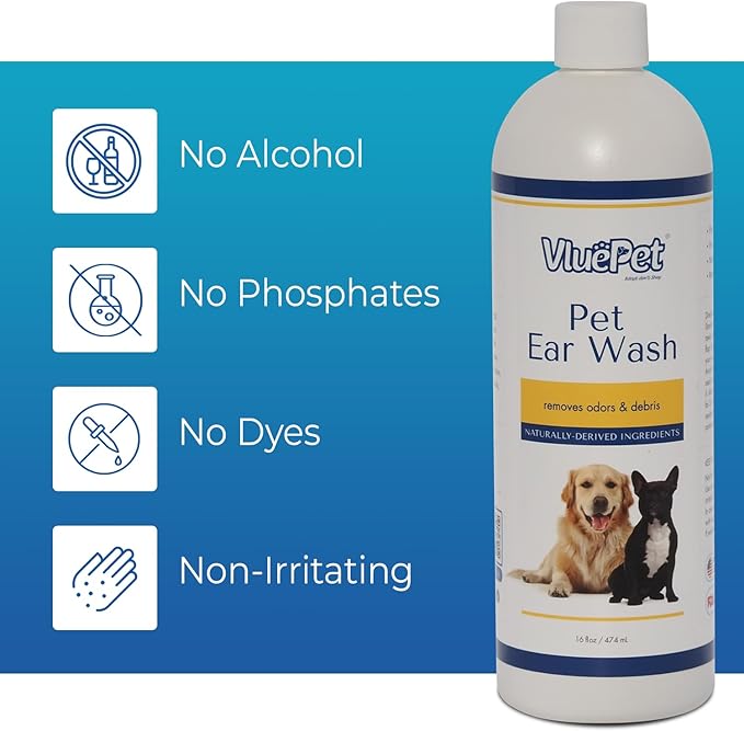 VLUEPET | Pet Ear Wash - Ear Infection Treatment to Relieve Ear Itching & Inflammation for Dog and Cat - Gently Remove Ear Wax - Natural Ingredients and Alcohol Free Ear Wash - All Natural – 16 fl oz