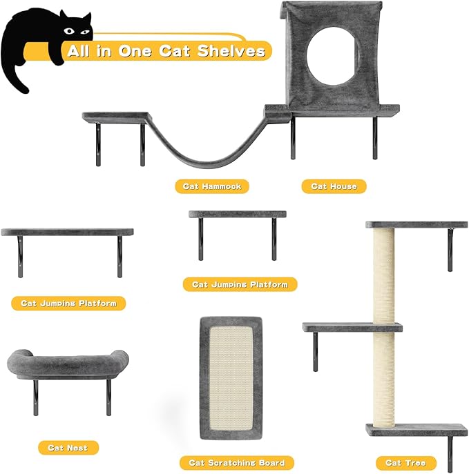 NUNU LAB Cat Wall Shelves, 6 Pcs Luxury Wall-Mounted Cat Climber Set, Indoor Cat Furniture with 1 Condos House, 2 Cat Wall Shelves, 1 Scratching, 1 Bridge Ladder, 1 Scratching Pad, Dark Gray