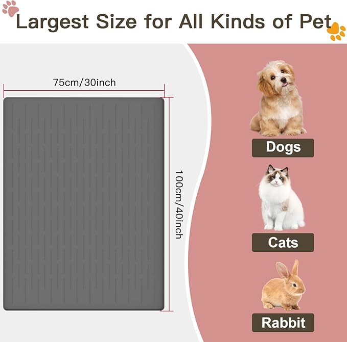 Largest Dog Food Mat, 39.5"x29.5" Silicone Dog and Cat Mat for Food and Water Bowls, Thinken Waterproof Non-Slip XXXL Pet Feeding Mat for Floors (Light Gray)