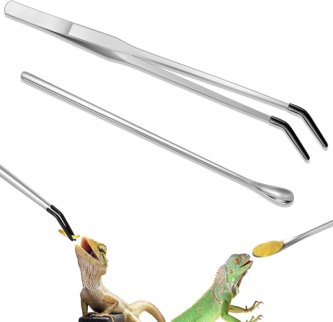 Lasnten 2 Pcs Crested Gecko Tank Accessories Stainless Steel Reptile Feeding Tong with Rubber Tip and Feeding Spoon Bearded Dragon Snake Aquarium Curved Tweezer Terrarium Feeder Tool for Tank