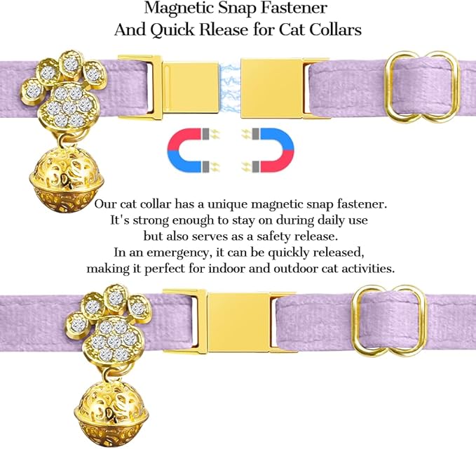 Personalized Breakaway Cat Collars - Magnetic Buckle, Bell - Safety Quick Release, Customized for Girls & Boys Cats - Velvet -Navy
