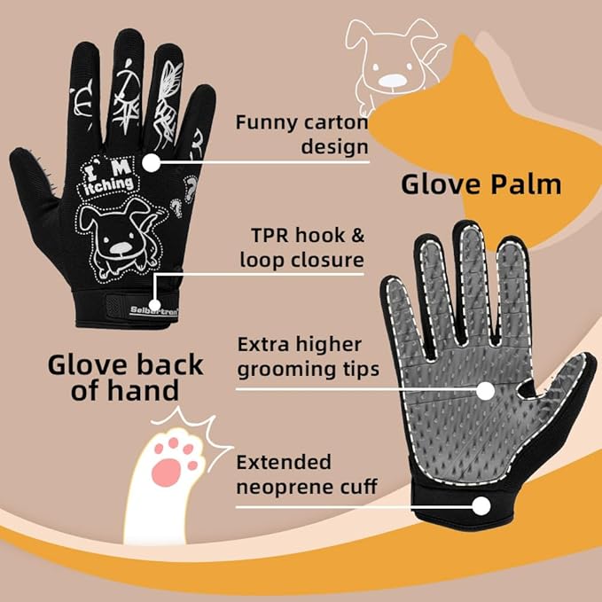 Seibertron Patented P.G.M.G-1 Pet Hair Remover/Deshedding Grooming Gloves Seven Sizes Fit All Works for Dogs, Horses, Cats and Other Animals Short Fur(1-Pair) Adult Black M