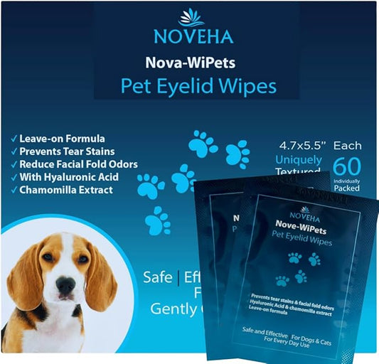 NOVEHA 60PCs - Dog Eye Wipes, Individually Packed Gentle Tear Stain Remover with Hyaluronic Acid, Refreshing Dog Eye Cleaner for Dirt & Discharge Removal