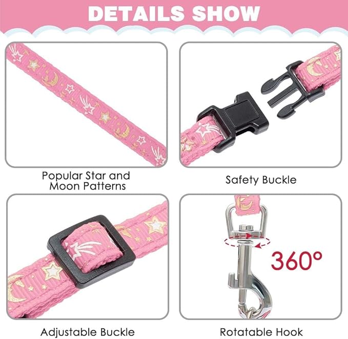 PAWCHIE Cat Harness with Leash and Collar Set - Escape Proof Adjustable H-shped Cat Harness with Star and Moon Pattern Glow in The Dark for Kitty Outdoor Walking
