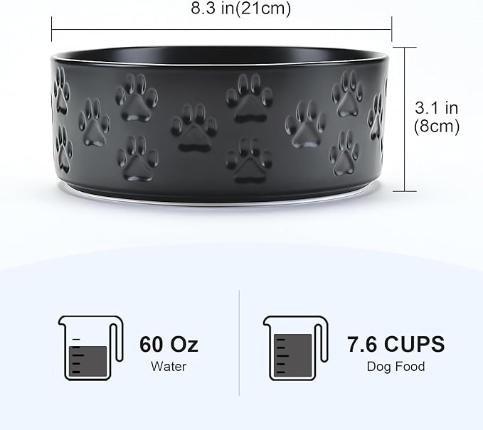 SPUNKYJUNKY Ceramic Dog Bowls 2 Pack, 8.3'' Dog Food Water Double Feeding Bowls Non-Slip for Medium to Large Sized Breed Microwave Dishwasher Safe - 60 OZ, 2pcs, Paw Black