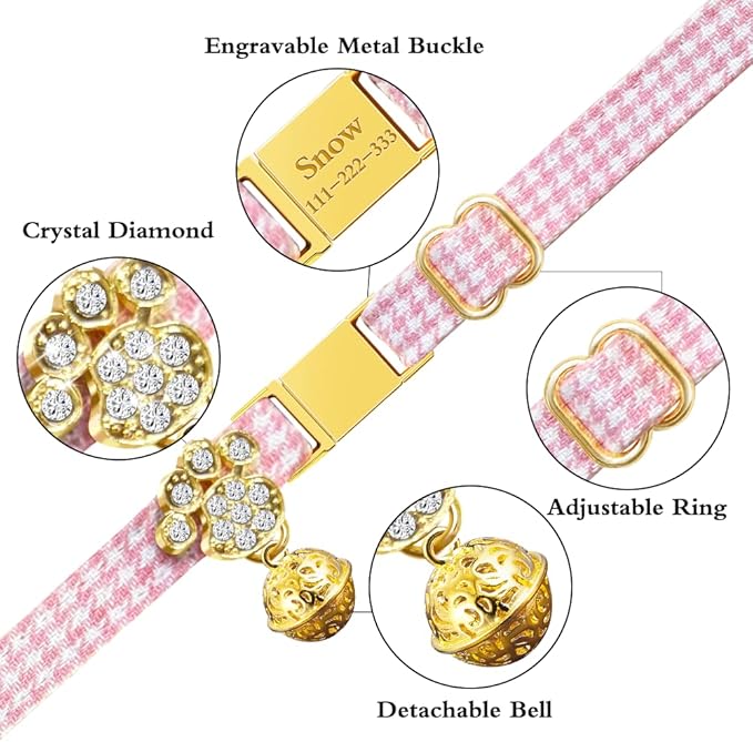 Personalized Breakaway Cat Collars - Magnetic Buckle, Bell - Safety Quick Release, Customized for Girls & Boys Cats- (Houndstooth-Pink)