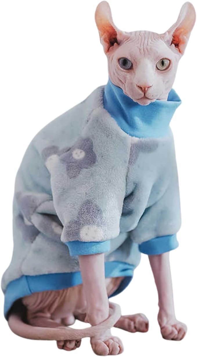 Cat Flannel Floral Clothes, Warm Soft Winter Jumpsuit Flower Prints Sweater Shirt Clothing for Hairless Sphynx, Devon & Indoor Kittens (Blue, XS)