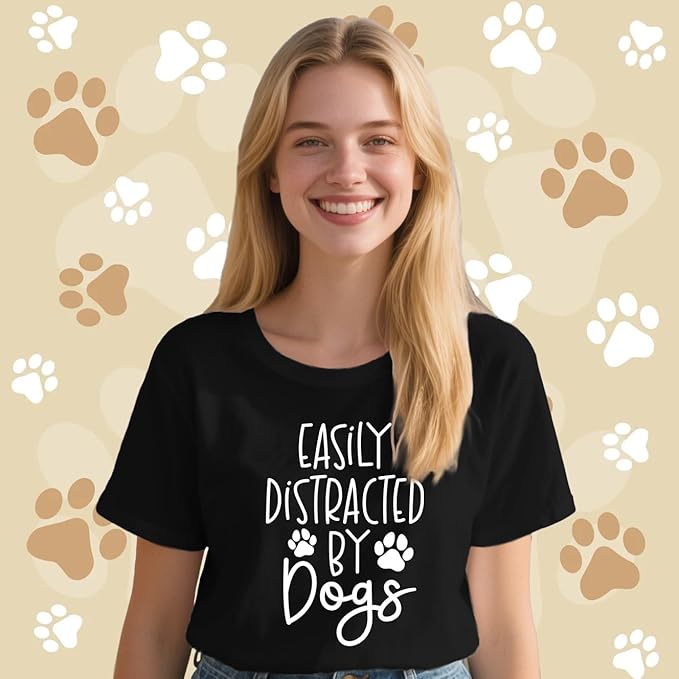 Women Dog Shirts Easily Distracted by Dogs T-Shirt Dog Mom Paw Print Tee Tops