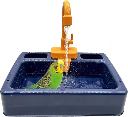 kathson Parrot Bathtub,Automatic Bird Shower Box,Multifunctional Parakeet Bathtub with Faucet,Bird Bathing Tub Pool Toy for Small Medium Birds Cockatiel Lovebird Budgie（Sapphire Blue）