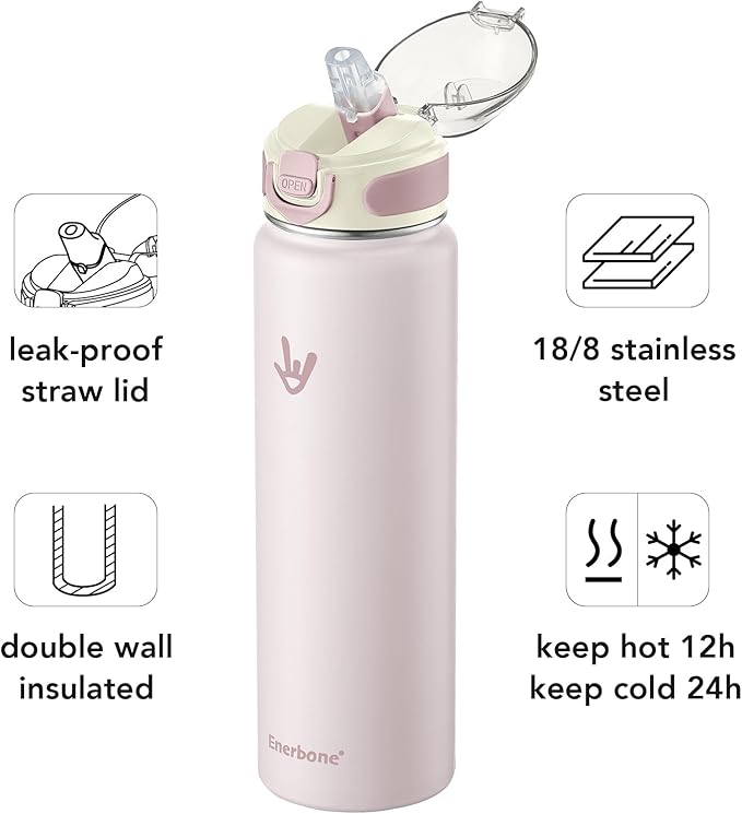 Enerbone 32 oz Insulated Water Bottle, Stainless Steel Bottle with Carrying Strap, Double-Wall Vacuum Insulation Design, Leakproof Sports Bottle with Straw, Keep Drinks Cold or Hot for Hours