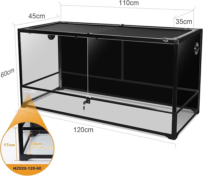 Glass Reptile Terrarium 24" x 18"x 48"Front Opening Chameleon Cage ull View Glass Terrarium Tank with Double Hinge Door for Reptiles Amphibians, Bearded Dragon Gecko Lizard Snake