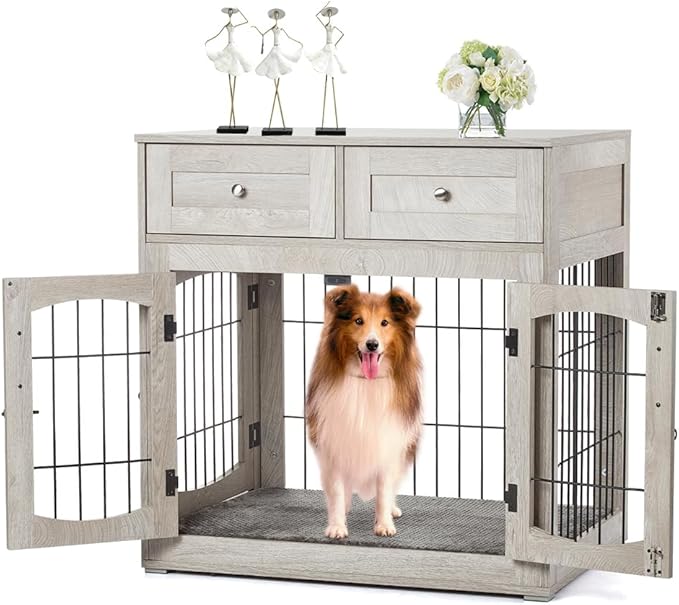 Dog Crate Furniture for Medium Dogs, Wooden Dog Kennel Indoor with Double Doors, Dog Cage with Cushion & Drawers, Dog House Side End Table for Small Medium Dogs up to 45 lb, 31.5” L, Grey