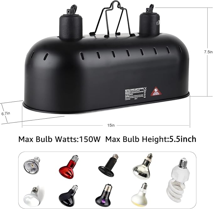 DXOPHIEX 15inch Dual Reptile Light Fixture, Max 150W Dual Reptile Heat Lamp with Separate Switches, Double Dome Lamp UVB Light Fixture for Bearded Dragon, Turtles, Snake and Lizard Terrarium