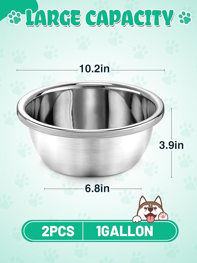 2 Pcs 1 Gallon Large Dog Bowls - Food Grade Stainless Steel Metal Water Bowls, Easy to Clean Food Bowl for Medium Large Dogs Indoor Outdoor