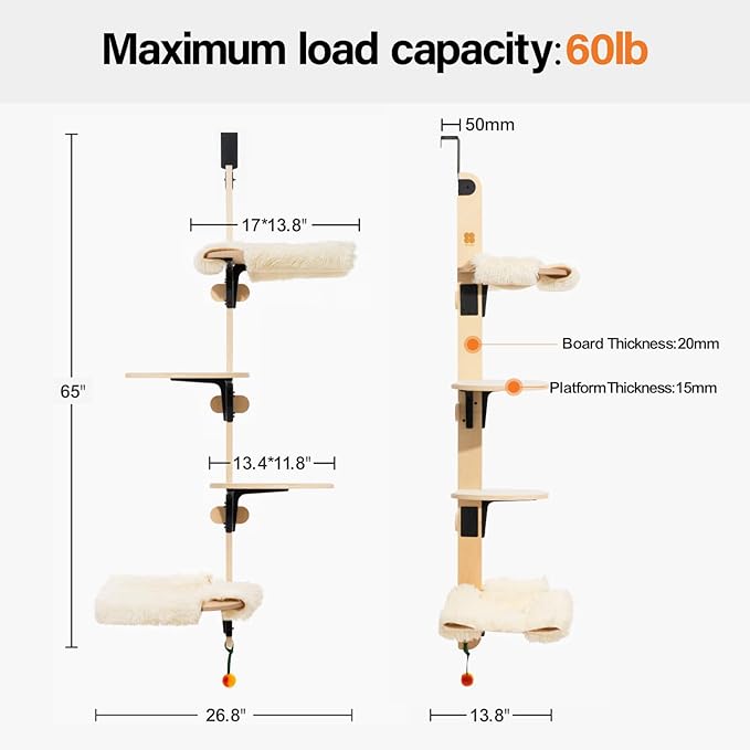 MEWOOFUN Cat Climbing Shelves Tree, 4-Levels Over Door Cat Climber for Jumping, Stable Cat Stairs Hammock for Kittens & Adult Cats (Wooden-65 H x 26.8” L x 13.8” W)