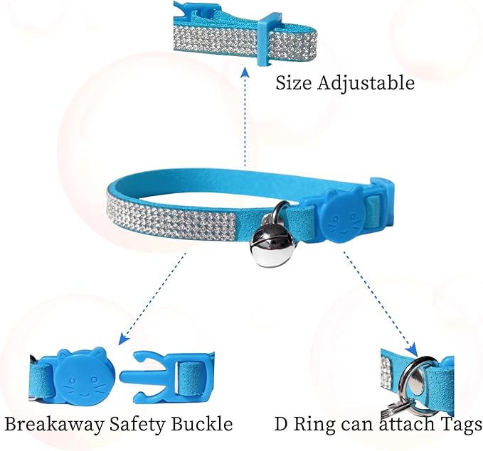 Pack of 2 Rhinestone Cat Collar Breakaway with Bell Safety Buckle, Adjustable Diamond Girl Boy Kitty Cute Comfy Collar for Kitten Tiny Little Pets Rabbits, 6"-9" Extra Small