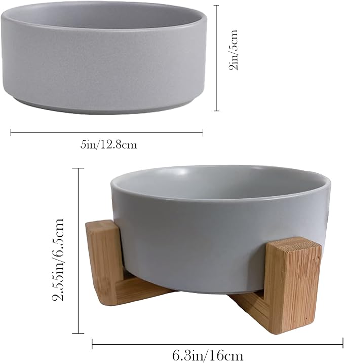 Ceramic Dog Cat Bowl with Wood Stand,Cat Food & Water Bowls Elevated Non-Spill Modern Cute Kitty Dishes Heavy Weighted Round Pet Dishes Set for Small Kitten Grown Cat(Grey)