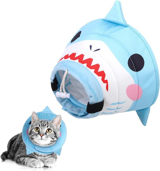 KOOLTAIL Cat Cone Collar, Adjustable Soft Comfortable Cat Recovery Collar to Stop Licking, Foldable Donut Water Resistant Pet Cone for Small Large Cats Kittens After Surgery Shark S