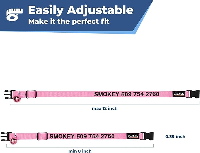 GoTags Personalized Cat Collar with Embroidered Name and Number, Safety Breakaway Buckle Snag-Proof Design, Adjustable Customized Nylon ID Collar with Bell for Cat or Kitten, 5 Color Options