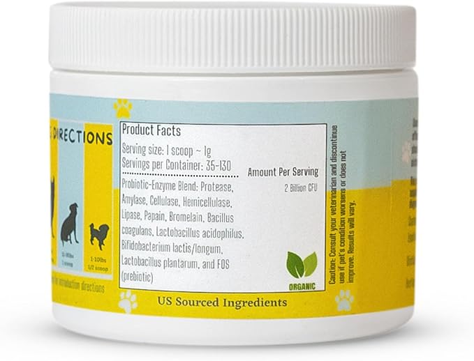 Dog & Cat Probiotics, Prebiotics, & Digestive Enzymes – Flavorless Powder for Gut Health, Allergies, Itchy Skin, Gas & Diarrhea – Organic, Vet-Approved – 65g Bottle (Up to 65 Servings)